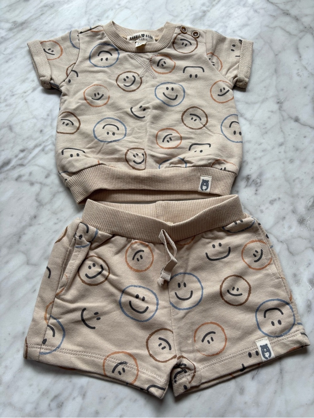 Rabbit+Bear Organic Smiley Face Short Set - Neutral Beige 3-6 months